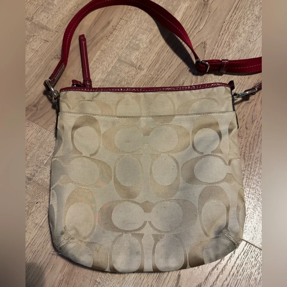 Coach Signature C Jacquard Canvas Crossbody Bag Burgundy Trim